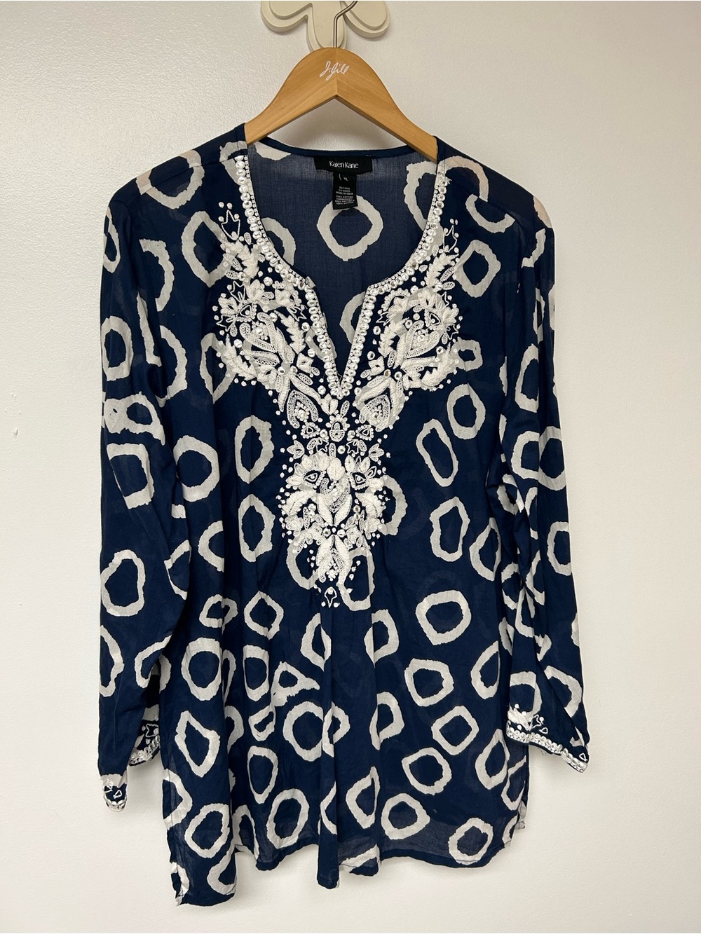 Karen Kane Navy & White Embroidered Tunic Top